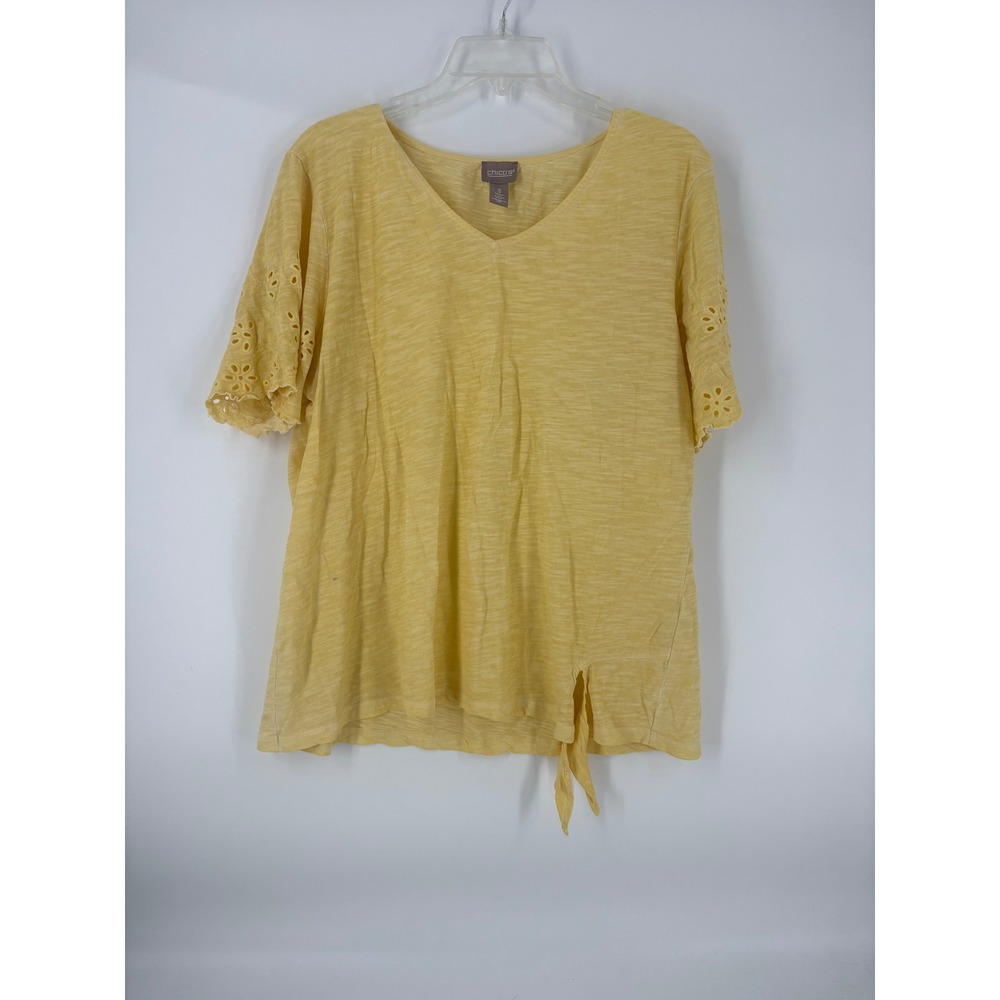 Chicos V Neck Tunic Top Yellow Eyelet Sleeve Side Tie Size 3‎